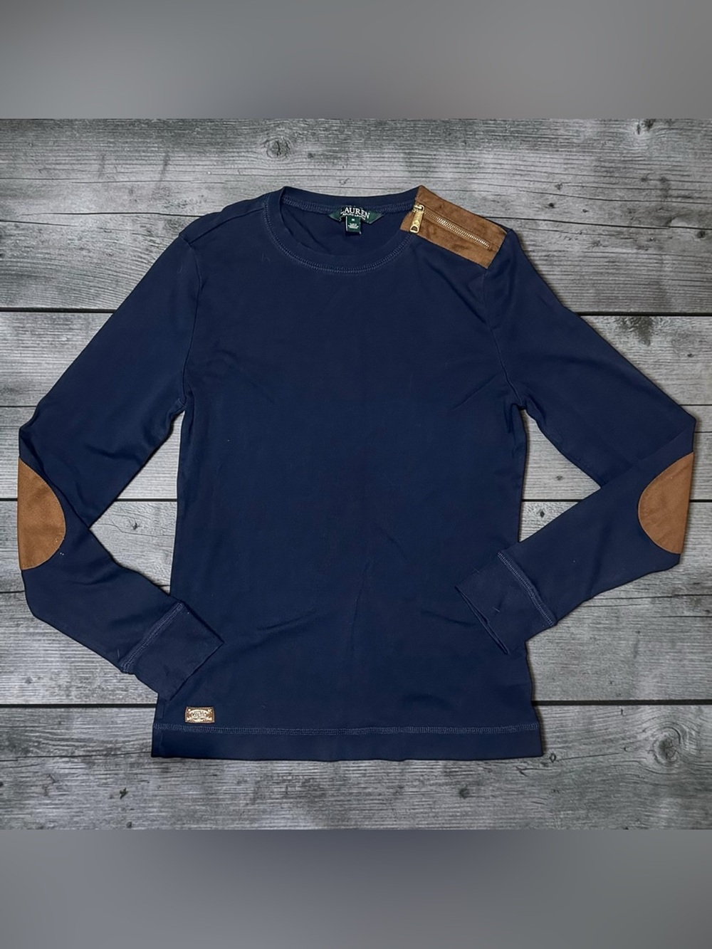 Lauren Ralph Lauren Navy Knit Top Suede Elbow Patches Equestrian M Gold Zip